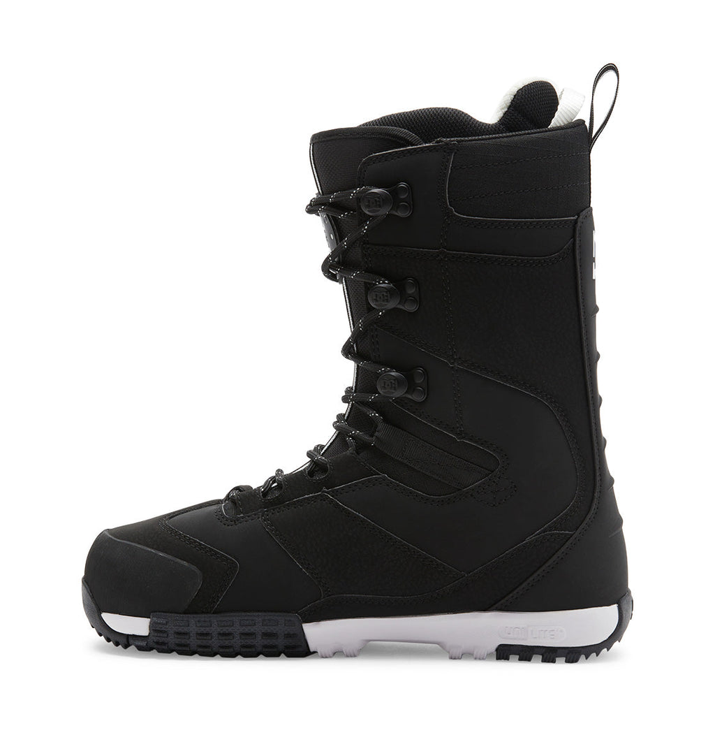 The Men’s Premier Hybrid BOA® Snowboard Boots by DC Shoes are shown in black with matching black laces, hooks, and a contrasting white sole, displayed in a side profile view against a plain white background. These boots feature the BOA® Fit System for precise and effortless adjustment.