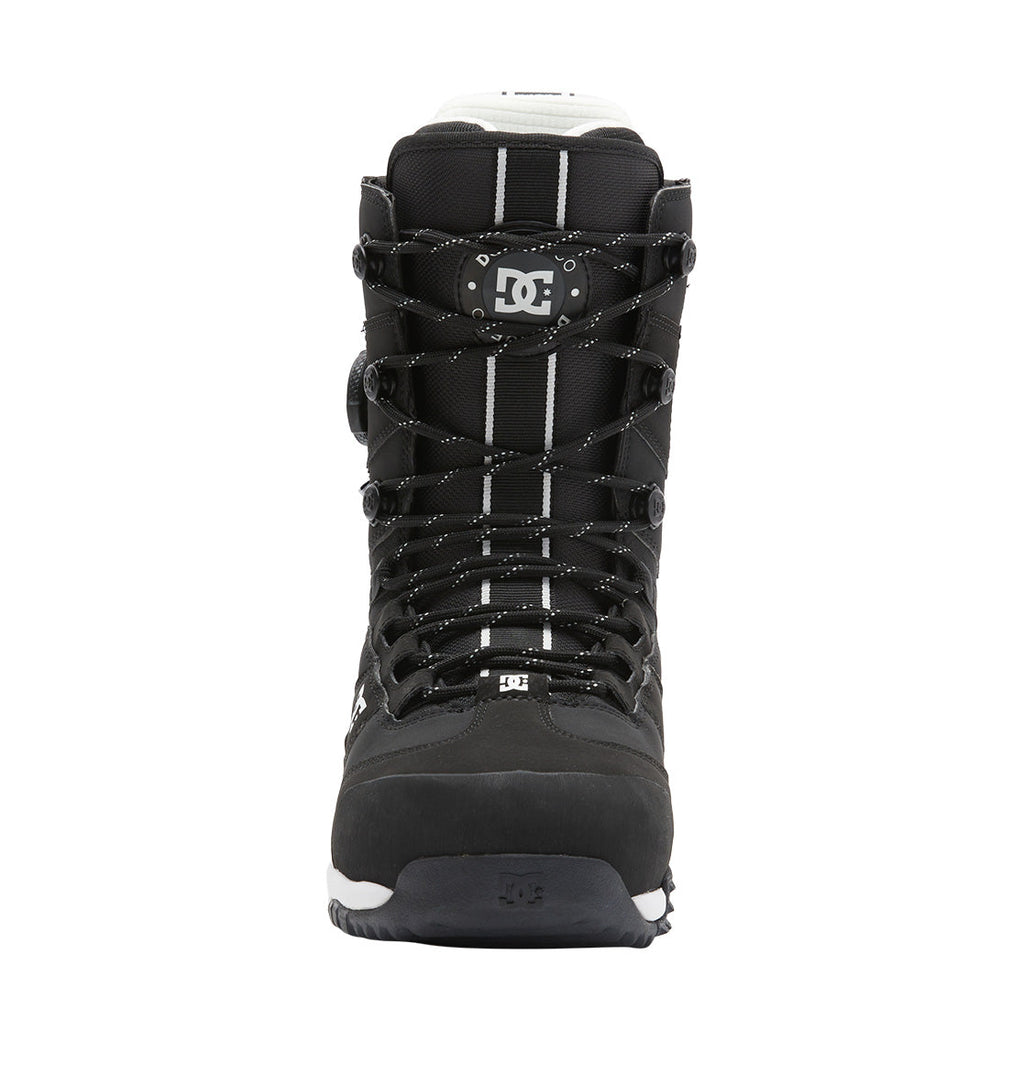 Front view of the DC Shoes Men’s Premier Hybrid BOA® Snowboard Boots in black with white accents and black laces, featuring the DC logo on the tongue and showcasing the Premier Hybrid BOA® design for enhanced performance, set against a white background.