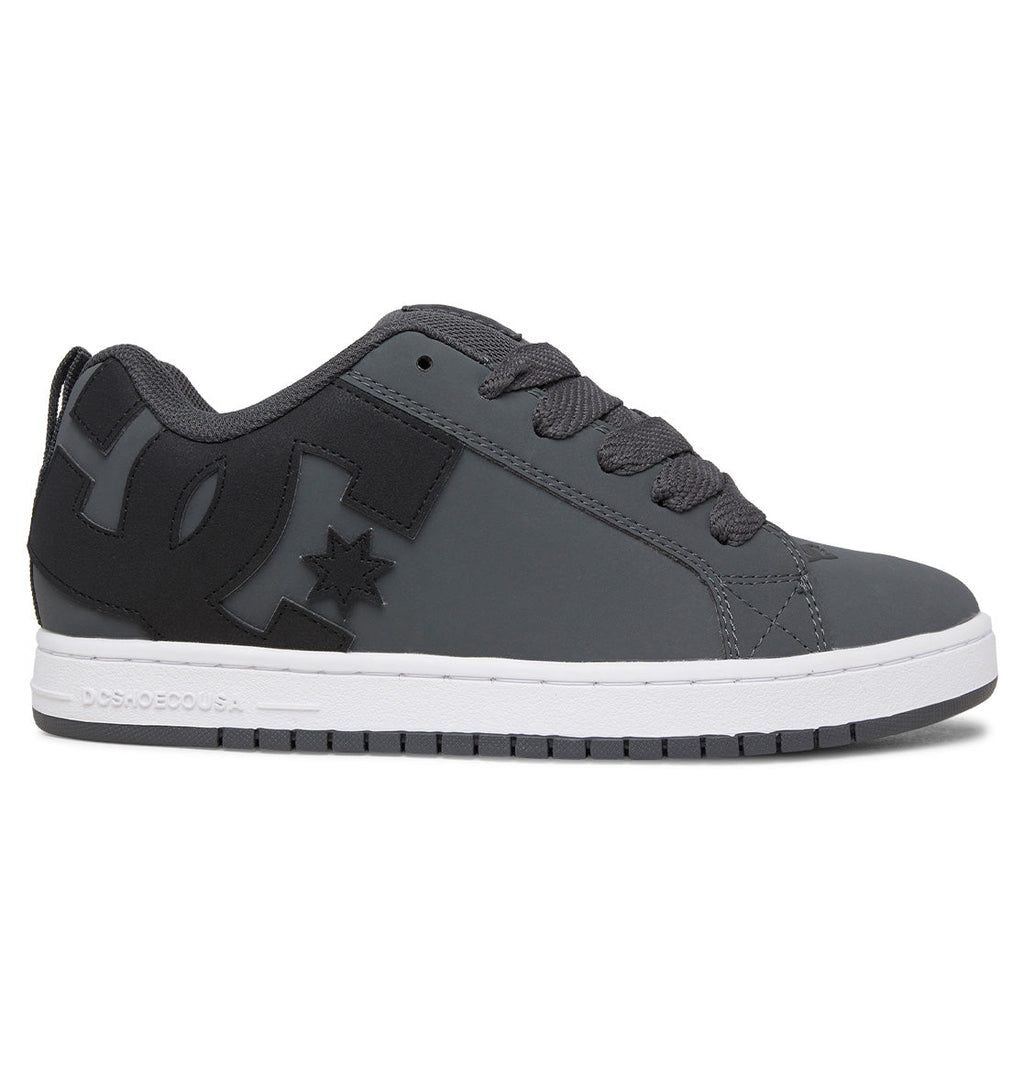 Introducing the DC Shoes Men’s Court Graffik Shoes, featuring a gray and black colorway with a white sole, the signature DC logo on the side, black laces, a low-top profile, and a classic puffy silhouette for enhanced comfort.