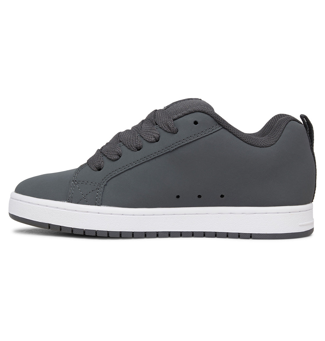 A side view of the Men’s Court Graffik Shoes by DC Shoes is shown against a white background, featuring a gray low-top design with a puffy silhouette, matching laces, subtle stitching details, and a white rubber sole. The iconic DC logo nods to its classic Court Graffik heritage.