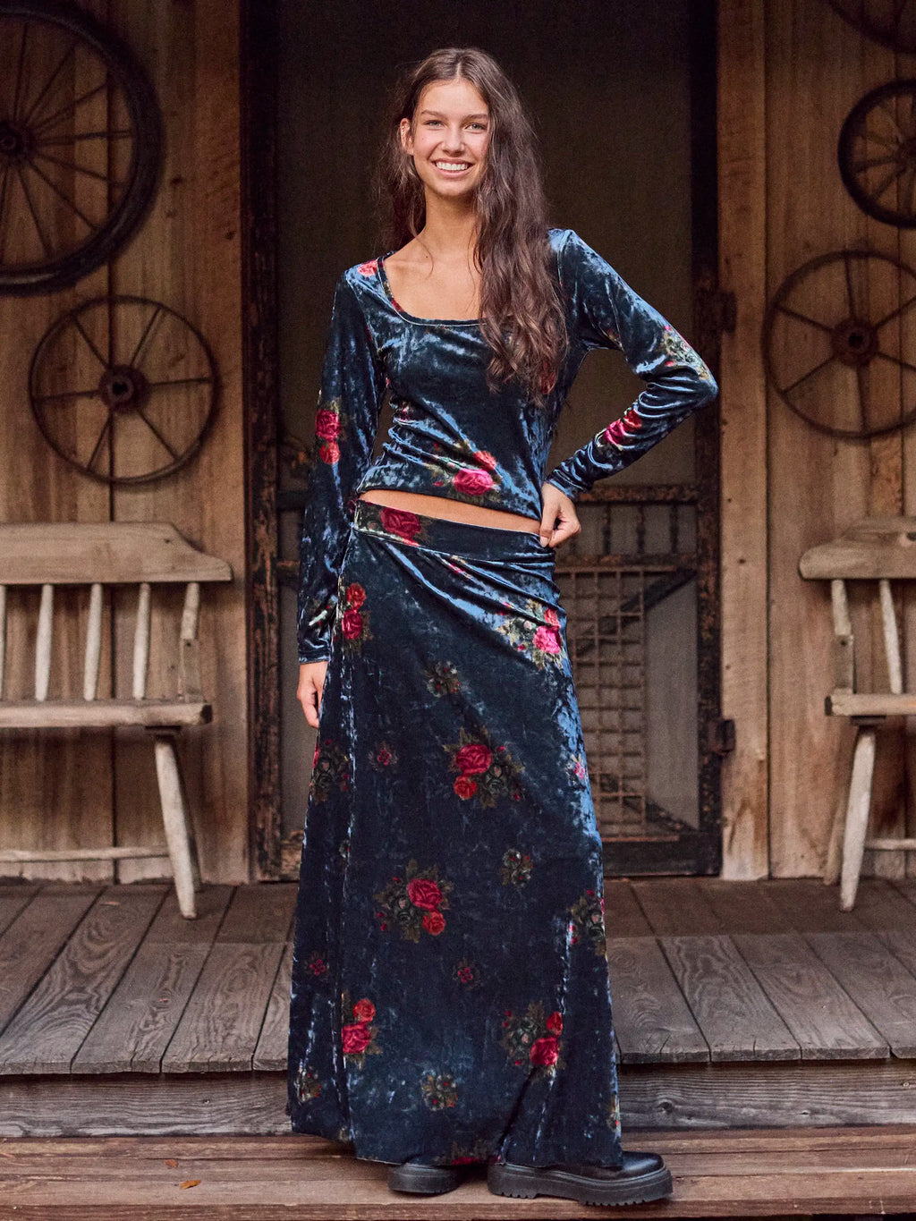 Moment In Time Velvet Maxi Skirt - Mystic Bouquets Blue