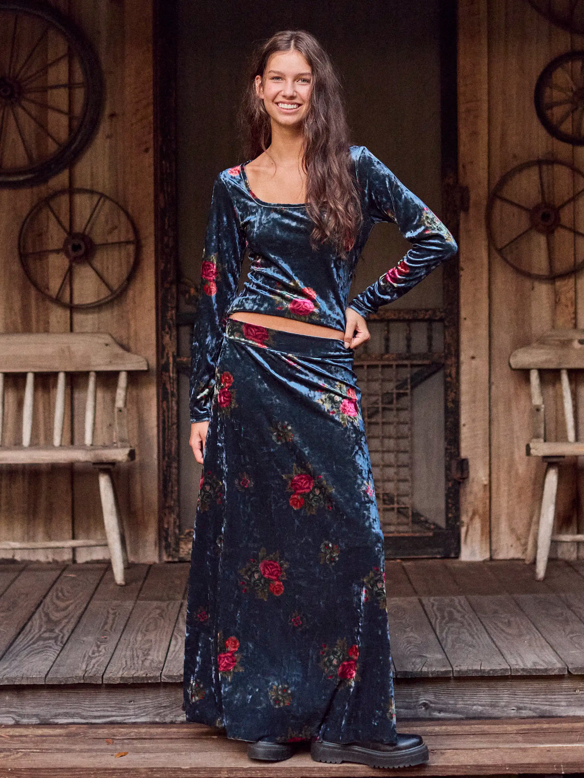 Moment In Time Velvet Maxi Skirt - Mystic Bouquets Blue