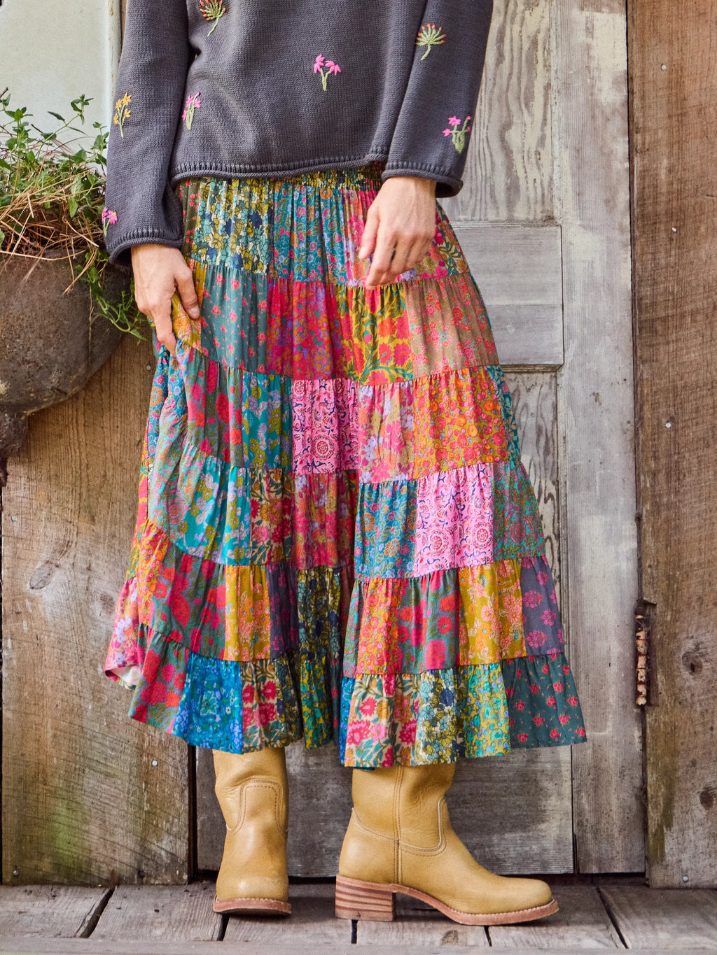 Opal Patchwork Midi Skirt - Bright Patchwork Zinnias