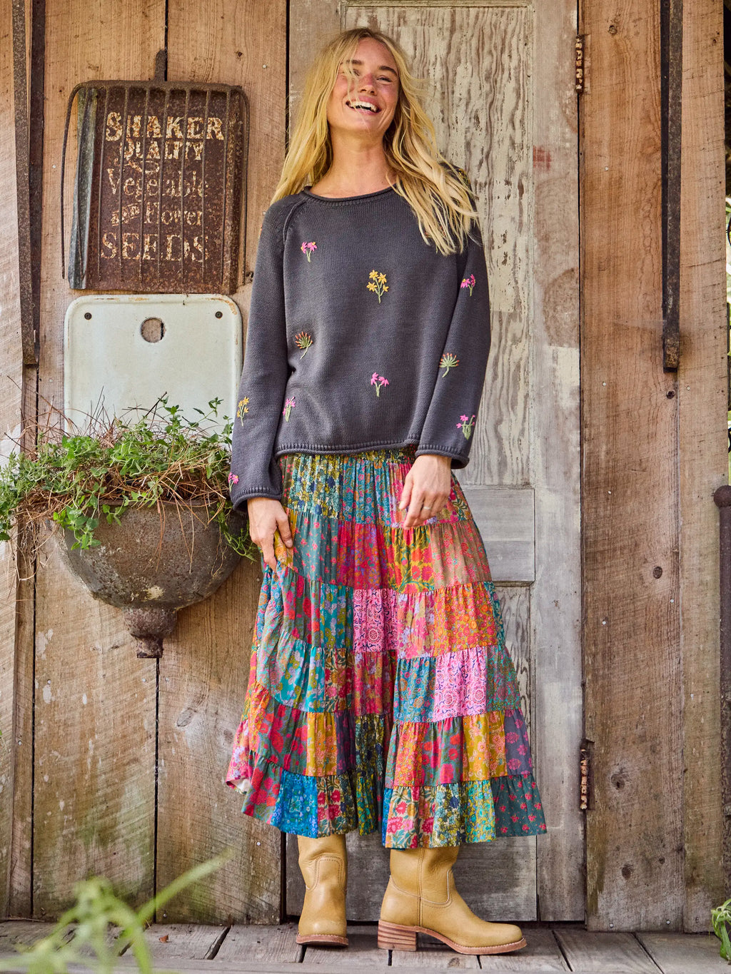 Opal Patchwork Midi Skirt - Bright Patchwork Zinnias