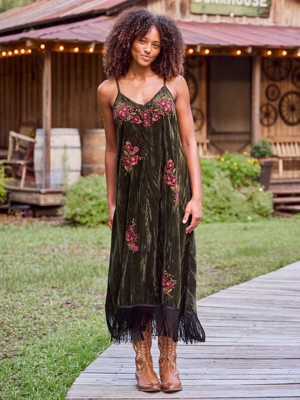 Gracie Embroidered Velvet Slip Maxi Dress - Olive Stitched Garden