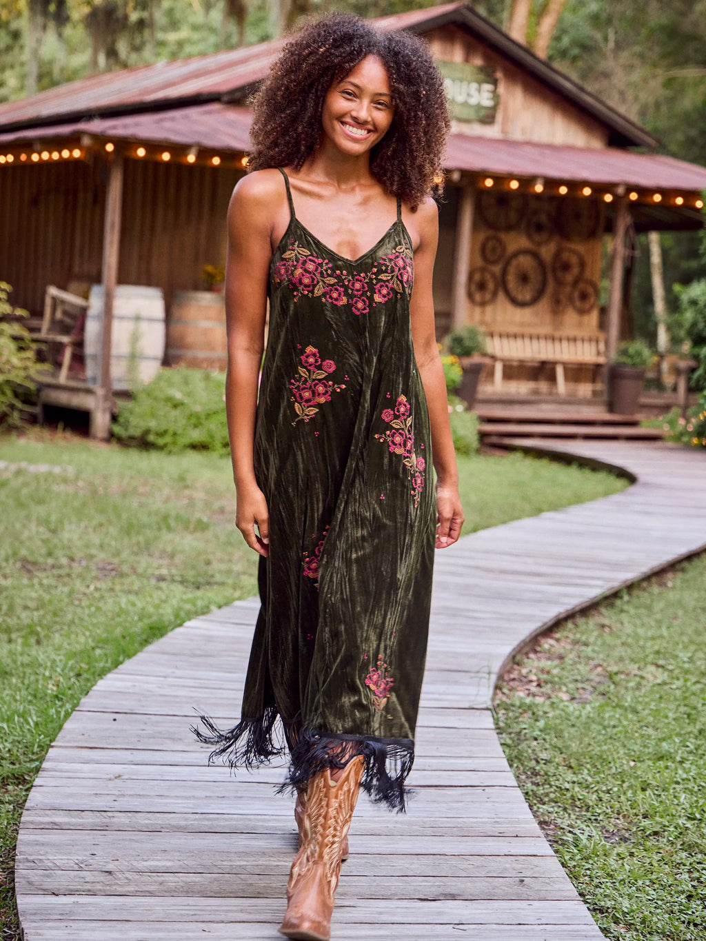 Gracie Embroidered Velvet Slip Maxi Dress - Olive Stitched Garden