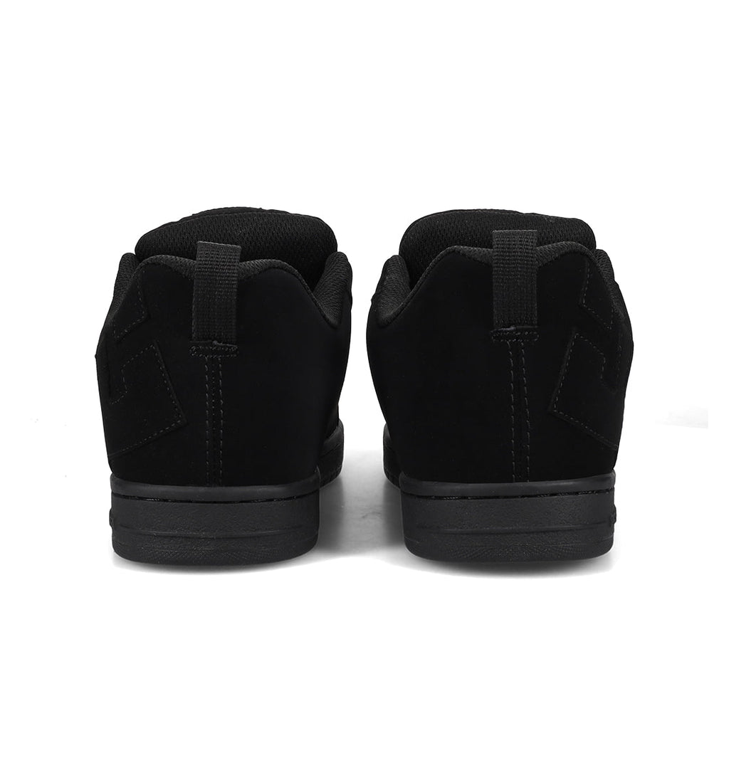 Black sneakers shown from the back on a white background