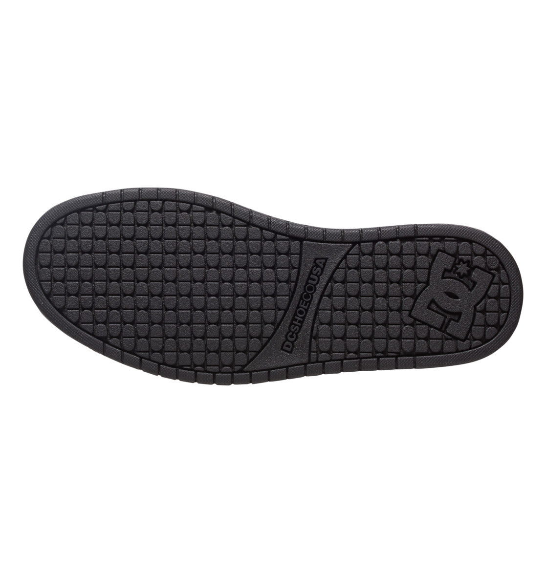The Men’s Court Graffik Shoes from DC Shoes feature a black rubber sole with a textured, square-pattern grip and DCSHOECOUSA text. Near the heel, the iconic DC logo accents the signature puffy silhouette of this classic style.