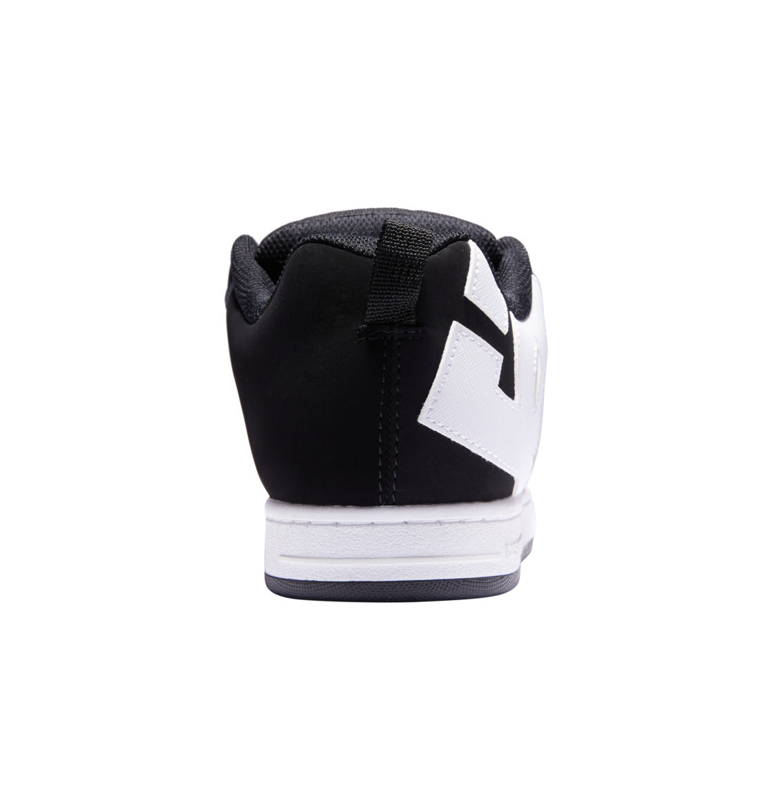 A rear view of the Men’s Court Graffik Shoes by DC Shoes, showcasing a striking puffy silhouette with a black heel, crisp white sole, and a bold white geometric detail along the side. The signature DC logo appears subtly, highlighting the distinctive Court Graffik design. The sneaker is centered on a clean white background.