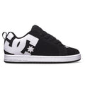 The Men’s Court Graffik Shoes by DC Shoes feature a black and white color scheme with a prominent white DC logo on the side, black laces, and a contrasting white sole. This low-top skate shoe displays the classic puffy silhouette and distinctive branding near the heel and toe.