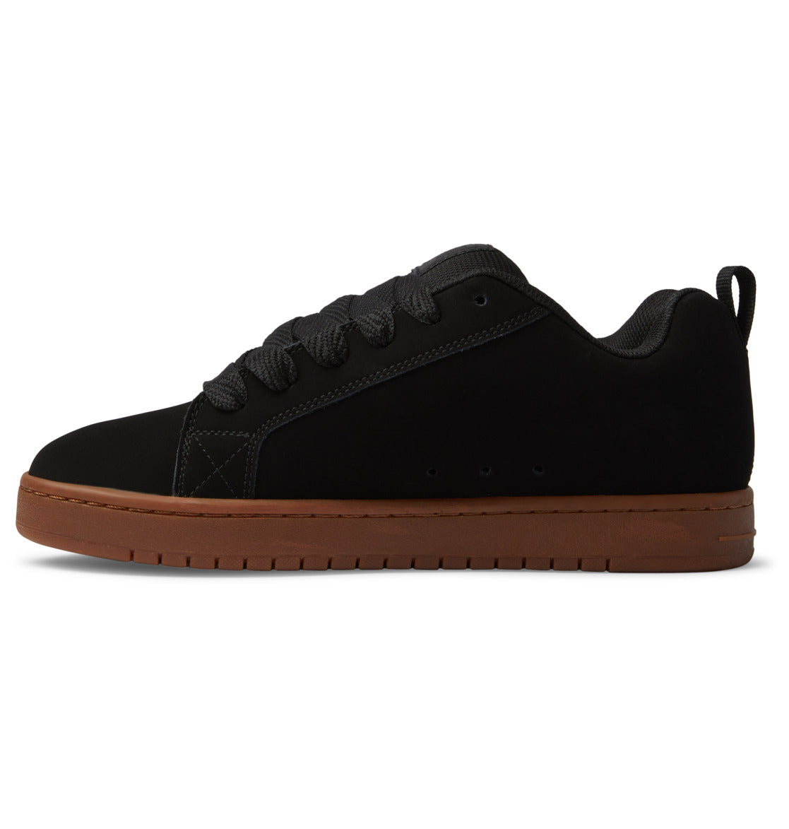 The DC Shoes Men’s Court Graffik Shoes are shown in a side profile view against a white background, featuring a black low-top design with a classic puffy silhouette, black laces, and a brown rubber sole. Subtle details like the signature DC logo emphasize their iconic Court Graffik style.