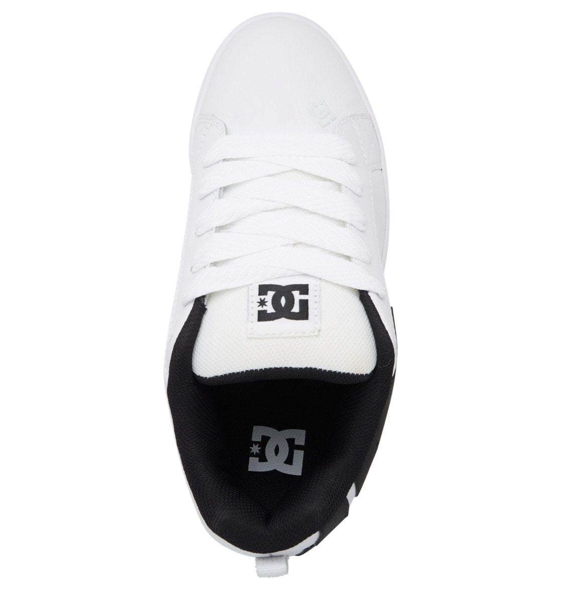 A top view of the Men’s Court Graffik Shoes by DC Shoes reveals a white sneaker with matching white laces and a contrasting black interior, featuring the iconic DC Shoes logo on both the tongue and insole. Known for its puffy silhouette, this model combines comfort with street style for an effortlessly standout look.