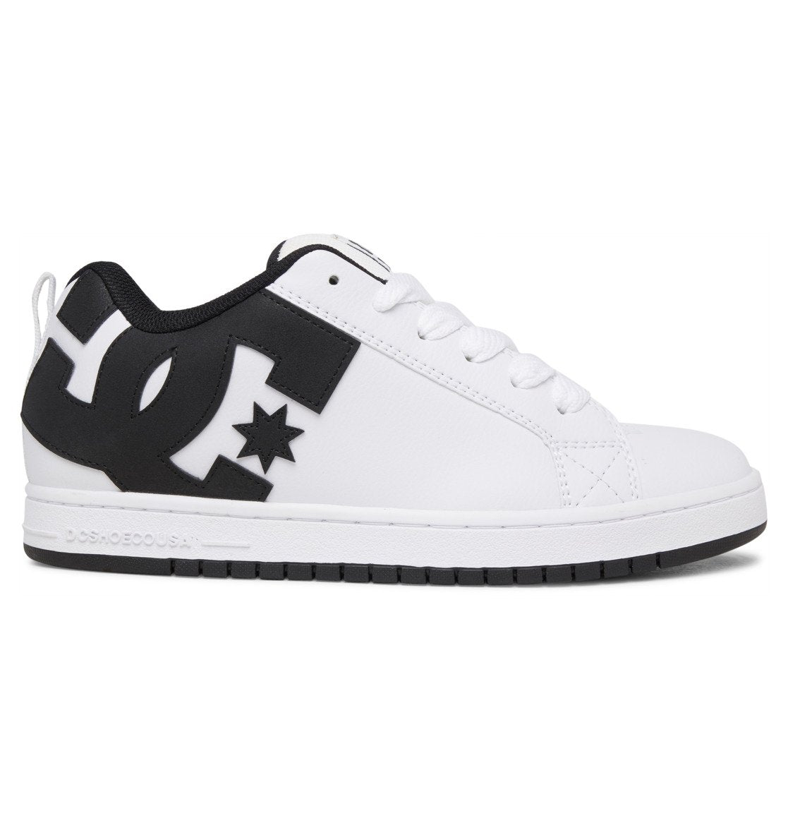 The Men’s Court Graffik Shoes by DC Shoes feature a classic white design with bold black accents, including a prominent black DC Shoes logo on the side. These low-top sneakers are equipped with white laces and a distinctive black and white sole. The signature puffy silhouette of the Court Graffik series adds to their minimalist yet modern appeal.