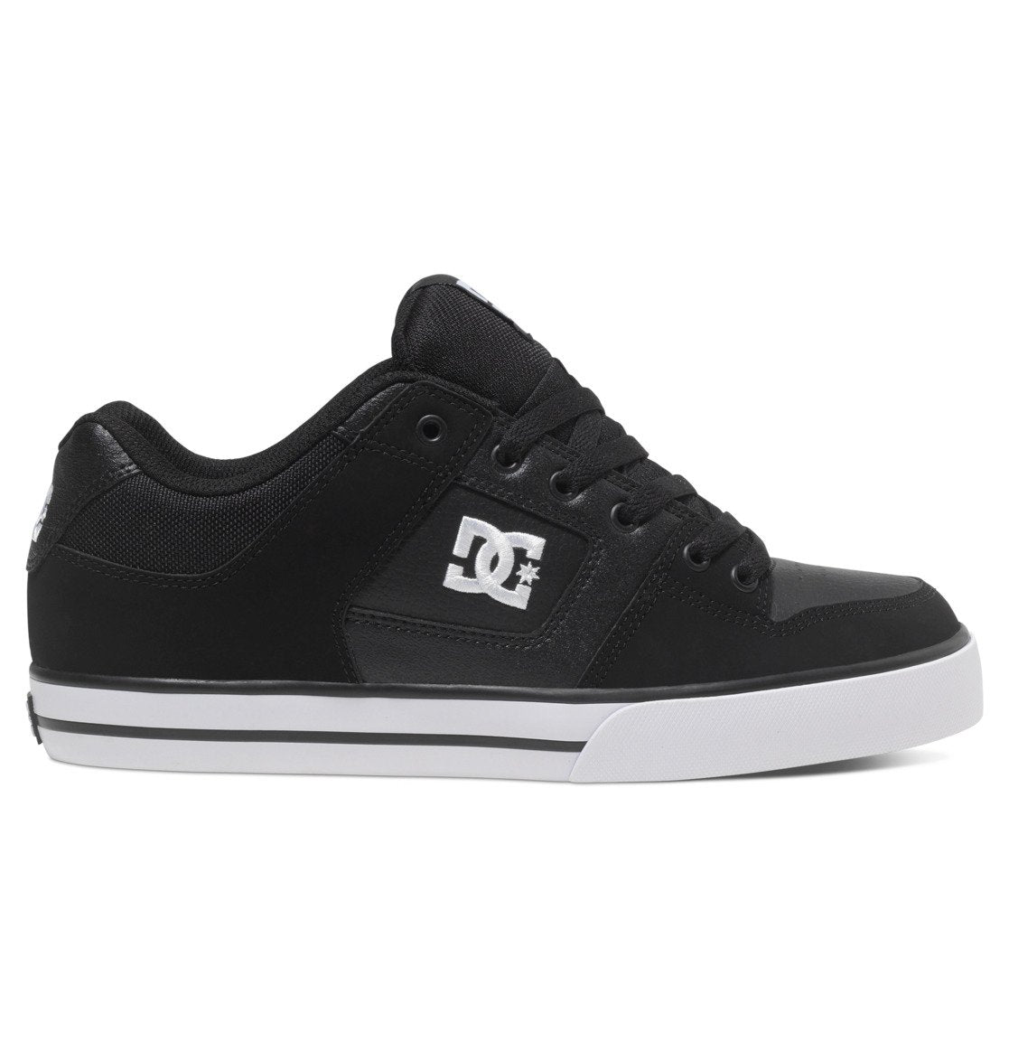 A left-profile view of the DC Shoes Men’s Pure Shoes in black features black laces, a white sole, and the DC logo in white on the side against a white background—these versatile and comfortable shoes are a popular choice for men.
