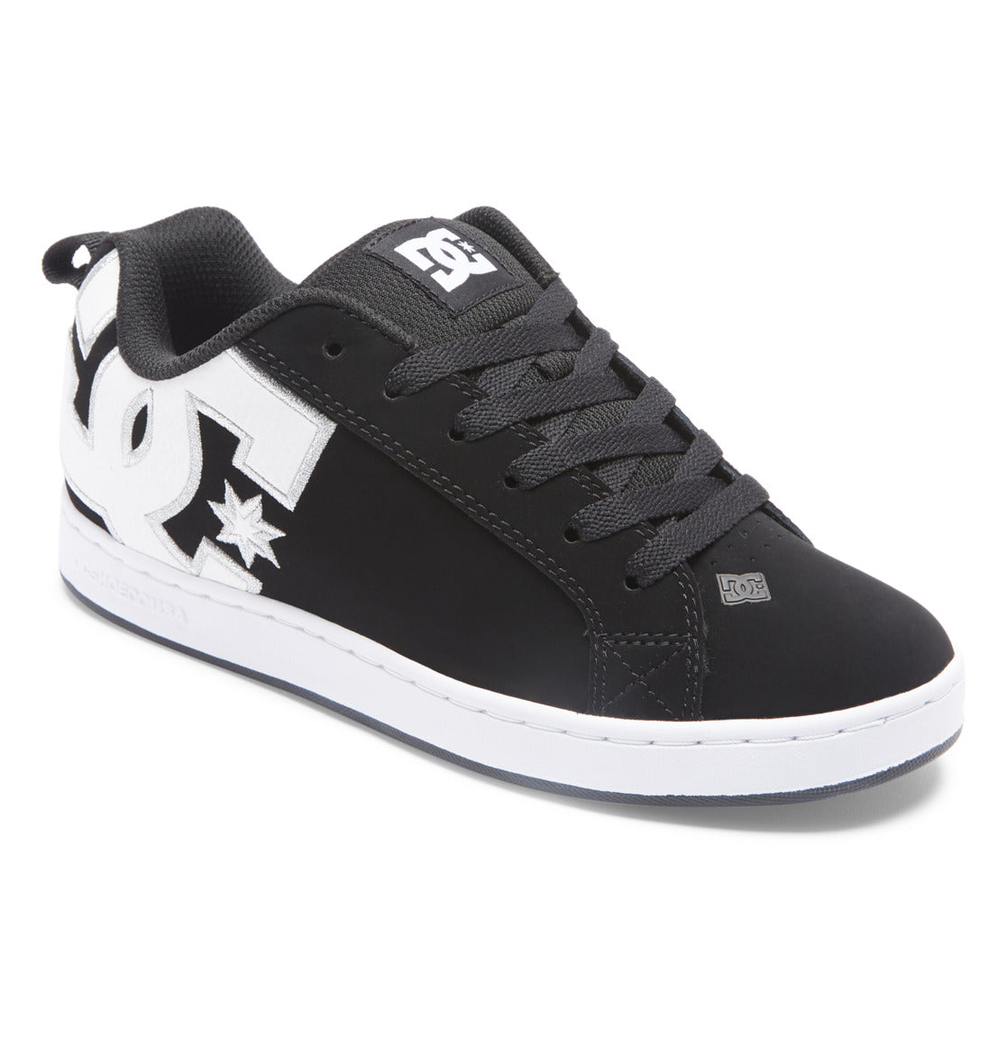 The Women’s Court Graffik Shoes by DC Shoes feature a chunky black design with a contrasting white sole, bold white DC logo on the side, black laces, and subtle white stitching. Shown from an angled view on a white background, these sneakers are ideal for bringing iconic ’90s flair to your women’s footwear collection.