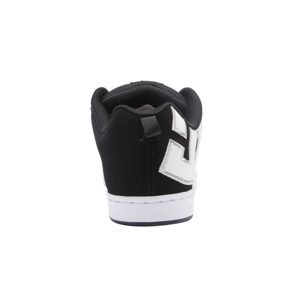 A black and white Women’s Court Graffik Shoe by DC Shoes is shown from the back, highlighting its black heel, white midsole, padded collar, and a prominent white DC logo on the side. Inspired by ’90s style, this sneaker stands out against a plain white background.