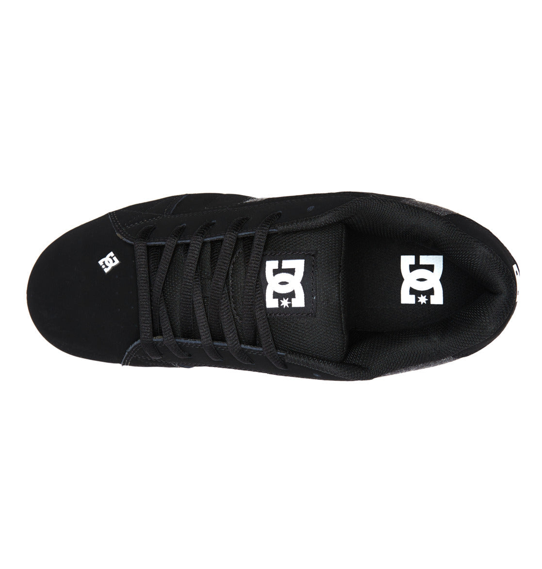 A top-down view of the DC Shoes Men’s Net sneaker in black, showcasing black laces, durable fabric construction, and the iconic white DC Shoes logo on both the tongue and near the toe.