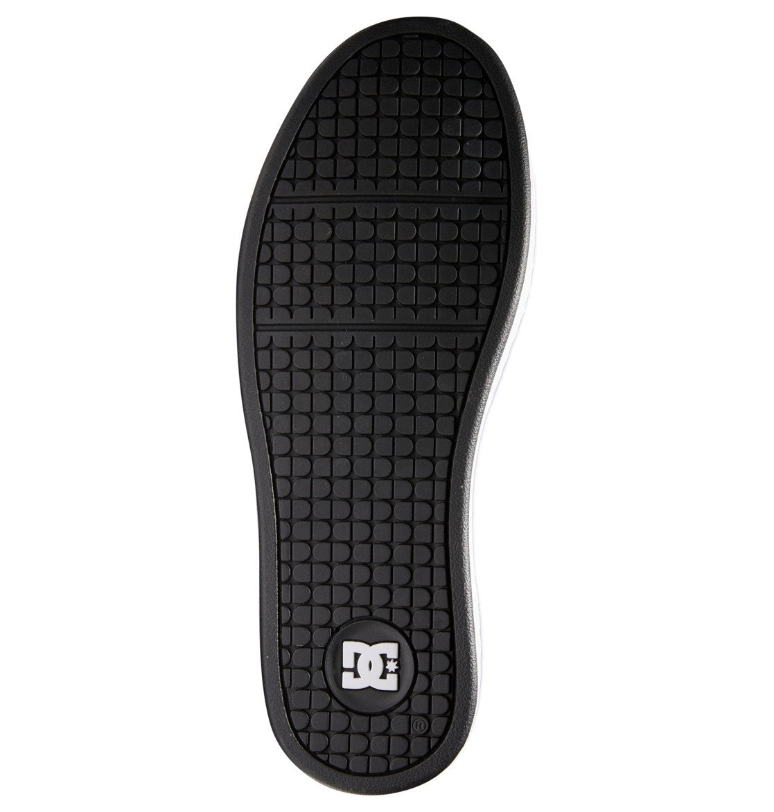 Bottom view of the Men’s Net Shoes by DC Shoes, featuring a black rubber sole with a grid tread pattern and prominent DC branding at the heel, crafted from durable materials for long-lasting wear.