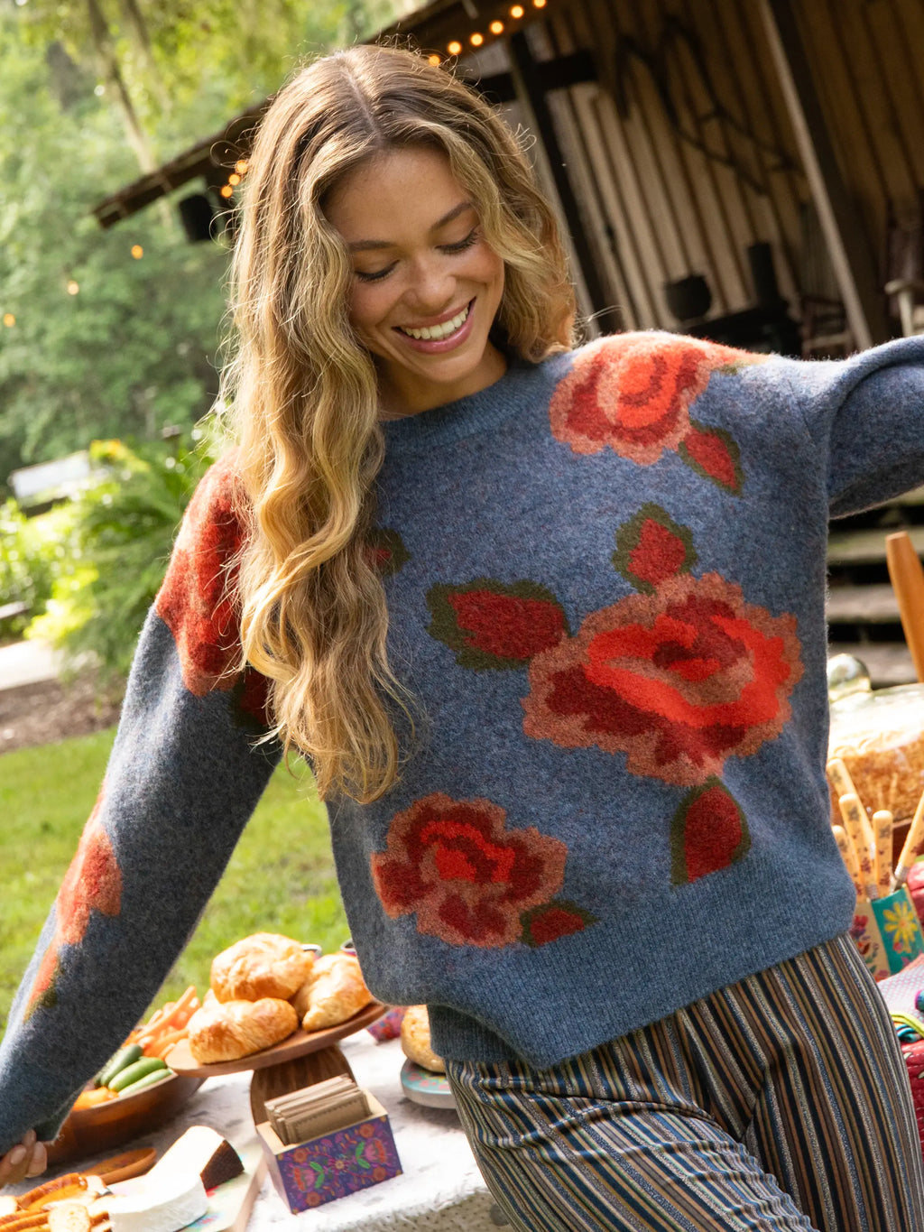 Rosie Reversible Jacquard Sweater - Denim Rose