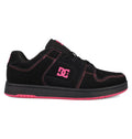 The Women's Manteca 4 Shoes by DC Shoes feature a black design with pink stitching, a pink DC Shoes logo on the side, and a black and pink sole.