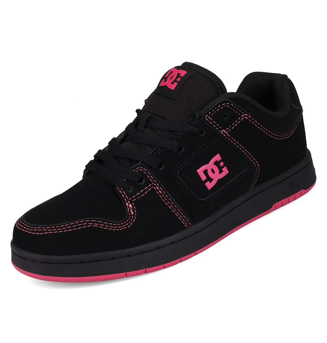 The Women's Manteca 4 Shoes by DC Shoes are black skate shoes with pink stitching, logo, and sole trim, shown from a side angle on a white background.