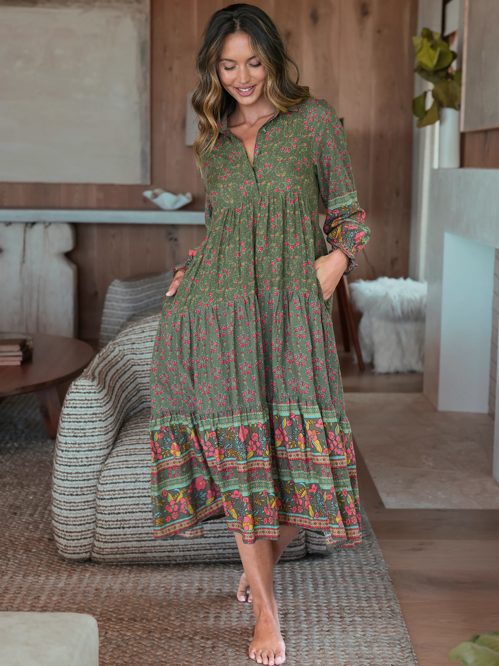 Rebecca Long Sleeve Midi Dress - Filigree Border Olive