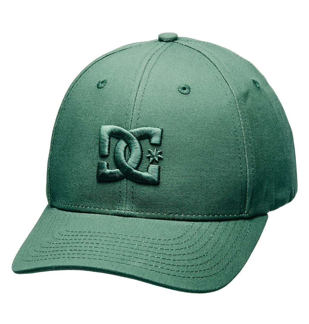 Sure! Here’s the revised sentence using the provided product data: The DC Shoes Legacy Star Snapback is a green twill cap featuring a curved brim and an embroidered DC logo on the front.