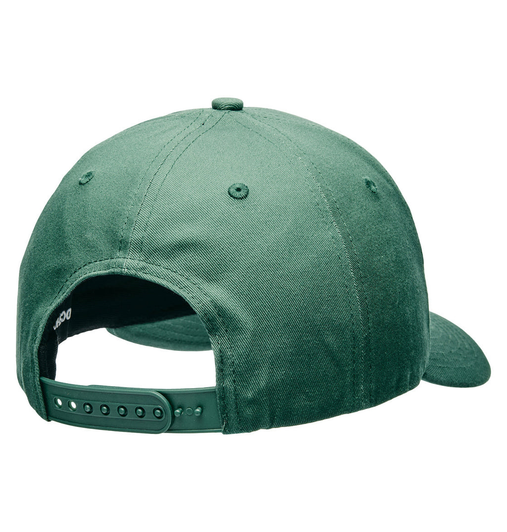 A rear view of the DC Shoes Legacy Star Snapback showcases its green twill fabric, adjustable snap closure strap, stitched eyelets for ventilation, and a subtle DC Shoes logo detail.