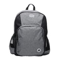 The DC Shoes Locker Backpack in gray and black features a front pocket, mesh side pockets, a top handle, and a small circular port near the bottom right of the front pocket. Inside, it includes a padded laptop sleeve to keep your device secure and organized.