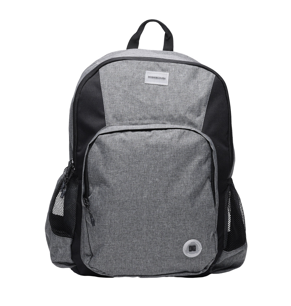 The DC Shoes Locker Backpack in gray and black features a front pocket, mesh side pockets, a top handle, and a small circular port near the bottom right of the front pocket. Inside, it includes a padded laptop sleeve to keep your device secure and organized.