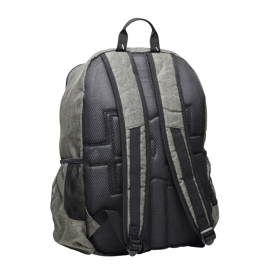 A gray and black DC Shoes Locker Backpack is displayed from the back, showcasing padded shoulder straps, a top handle, mesh side pockets, and a convenient padded laptop sleeve for everyday essentials.