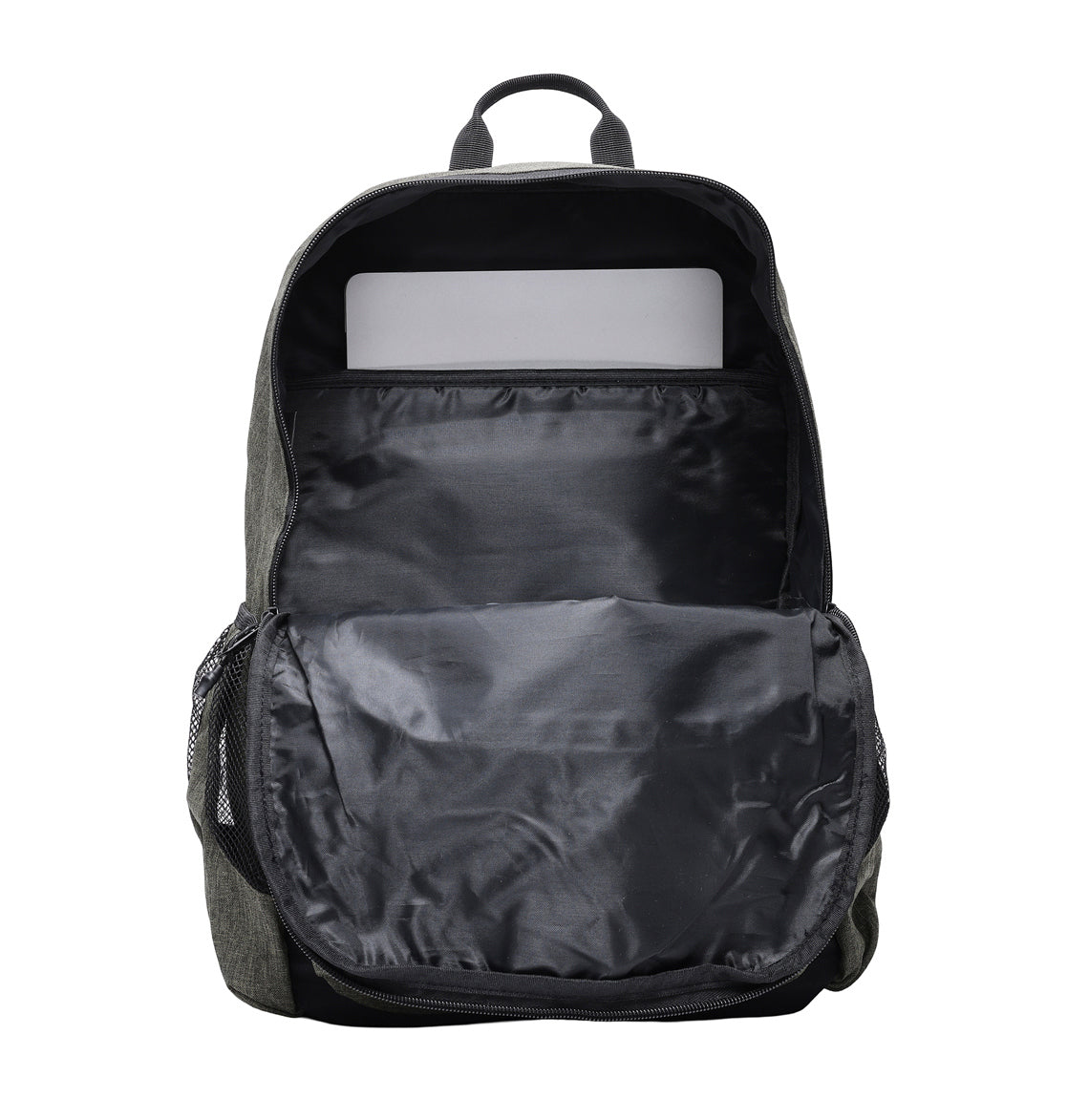 A dark gray DC Shoes Locker Backpack with its front unzipped and open, revealing an inner compartment that holds a silver laptop in a padded sleeve. The backpack features mesh pockets on the sides.