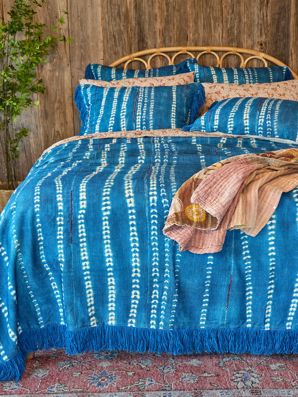 Boho Fringe Bedspread - Shibori Stamps Indigo