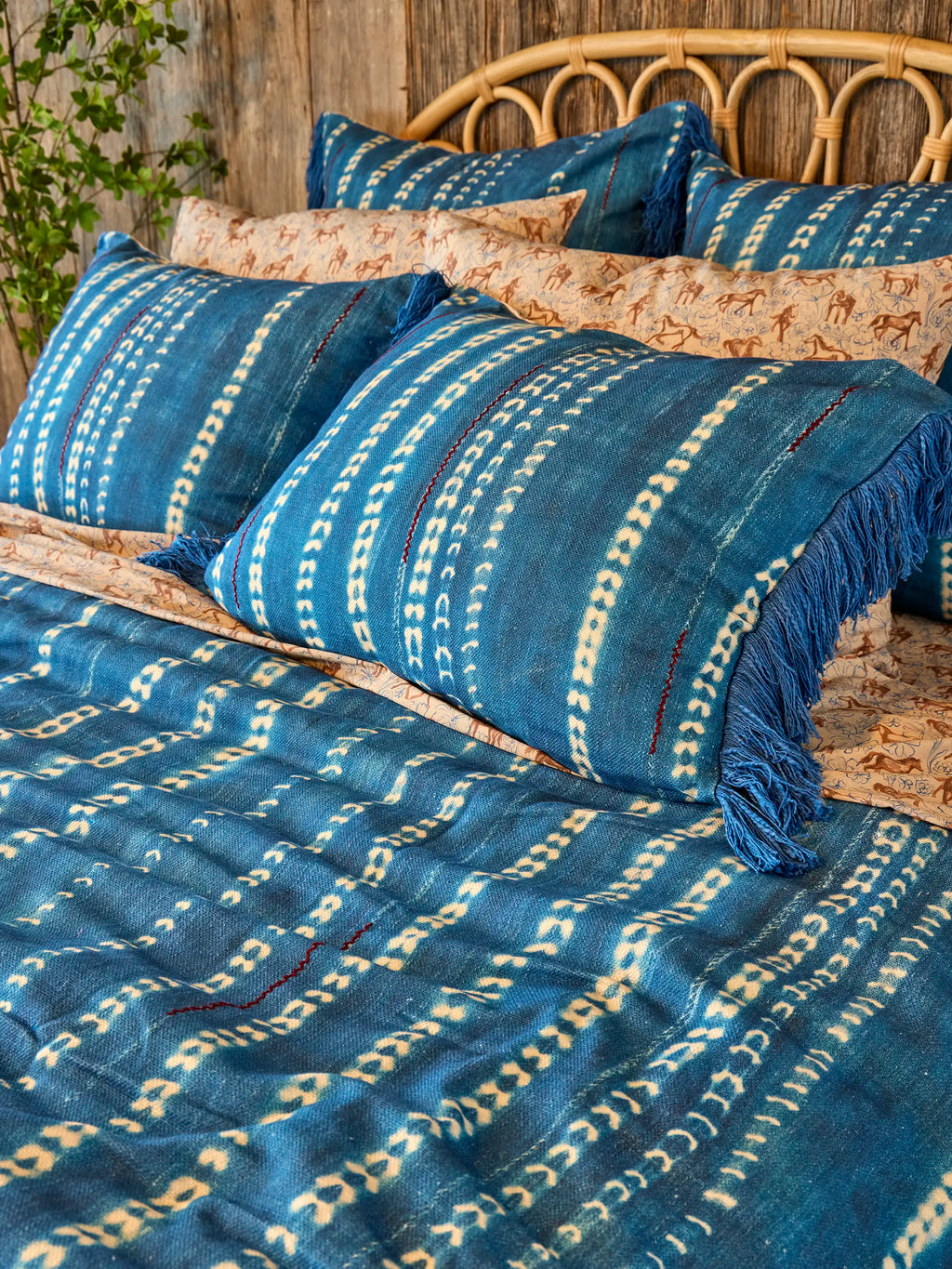 Boho Fringe Bedspread - Shibori Stamps Indigo