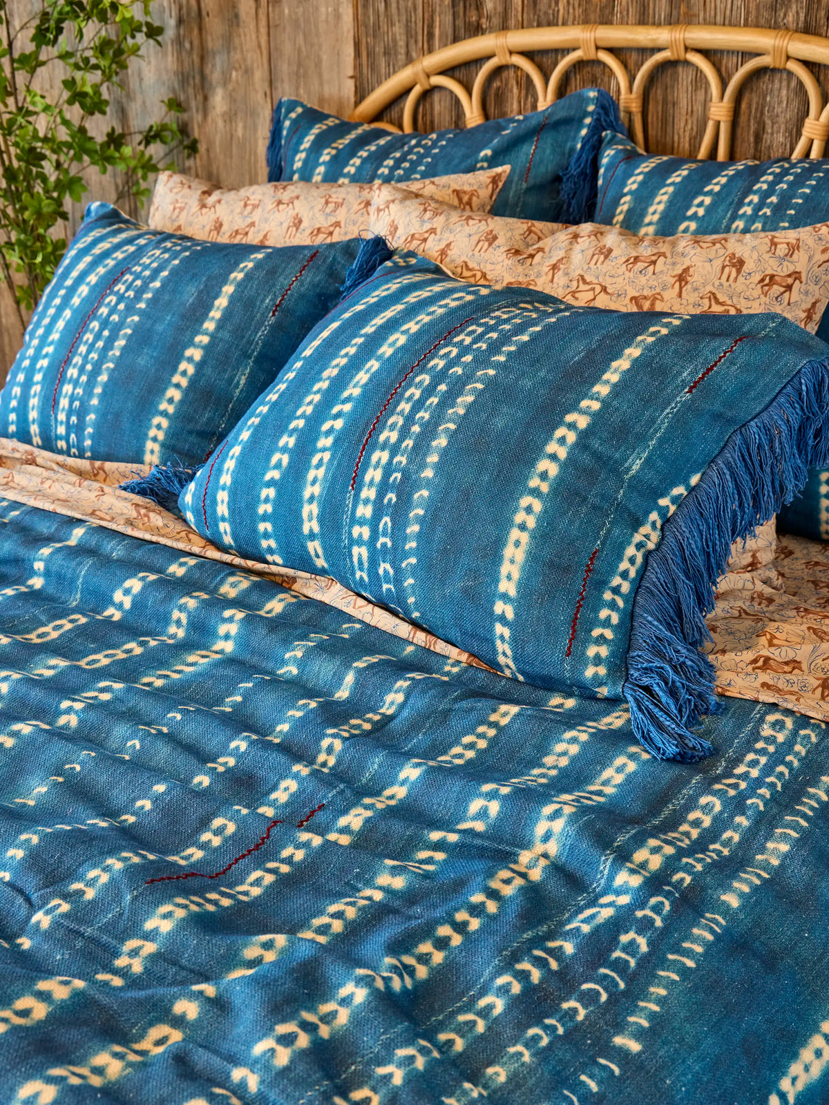 Boho Fringe Bedspread - Shibori Stamps Indigo