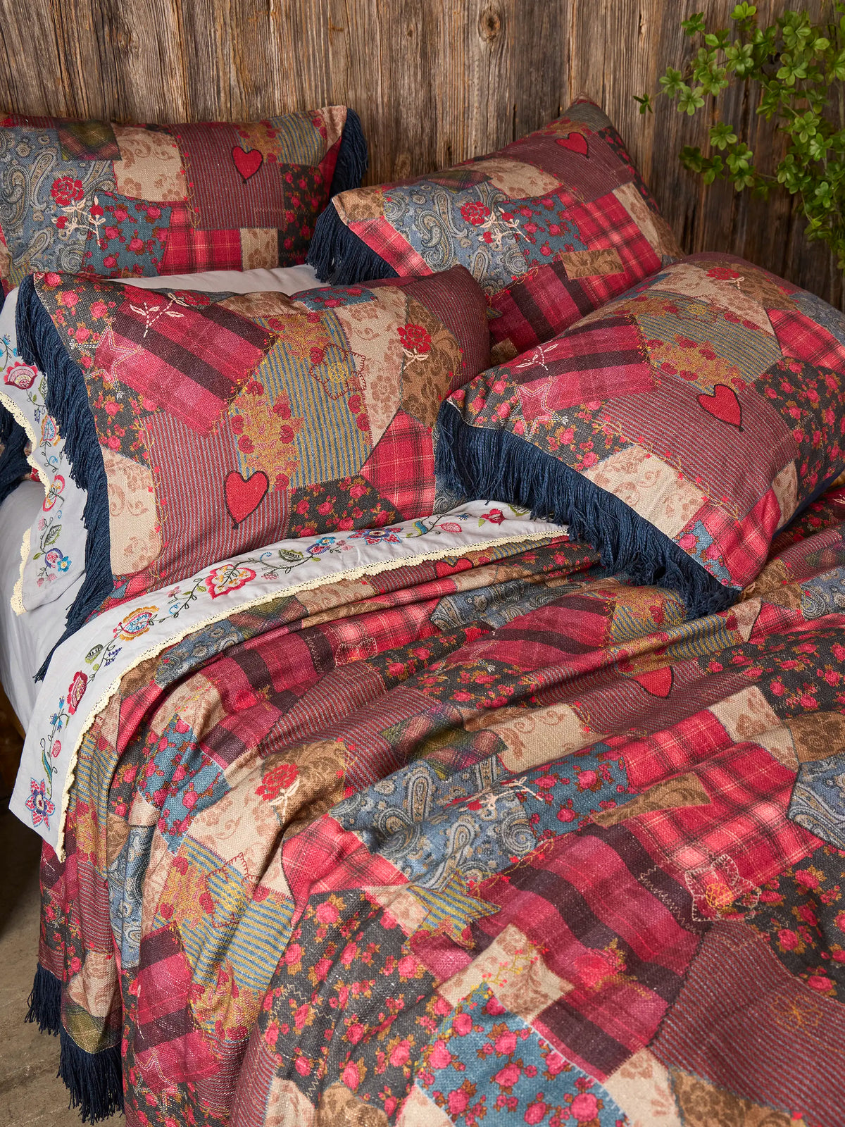 Boho Fringe Bedspread - Aspen Patchwork Burgundy
