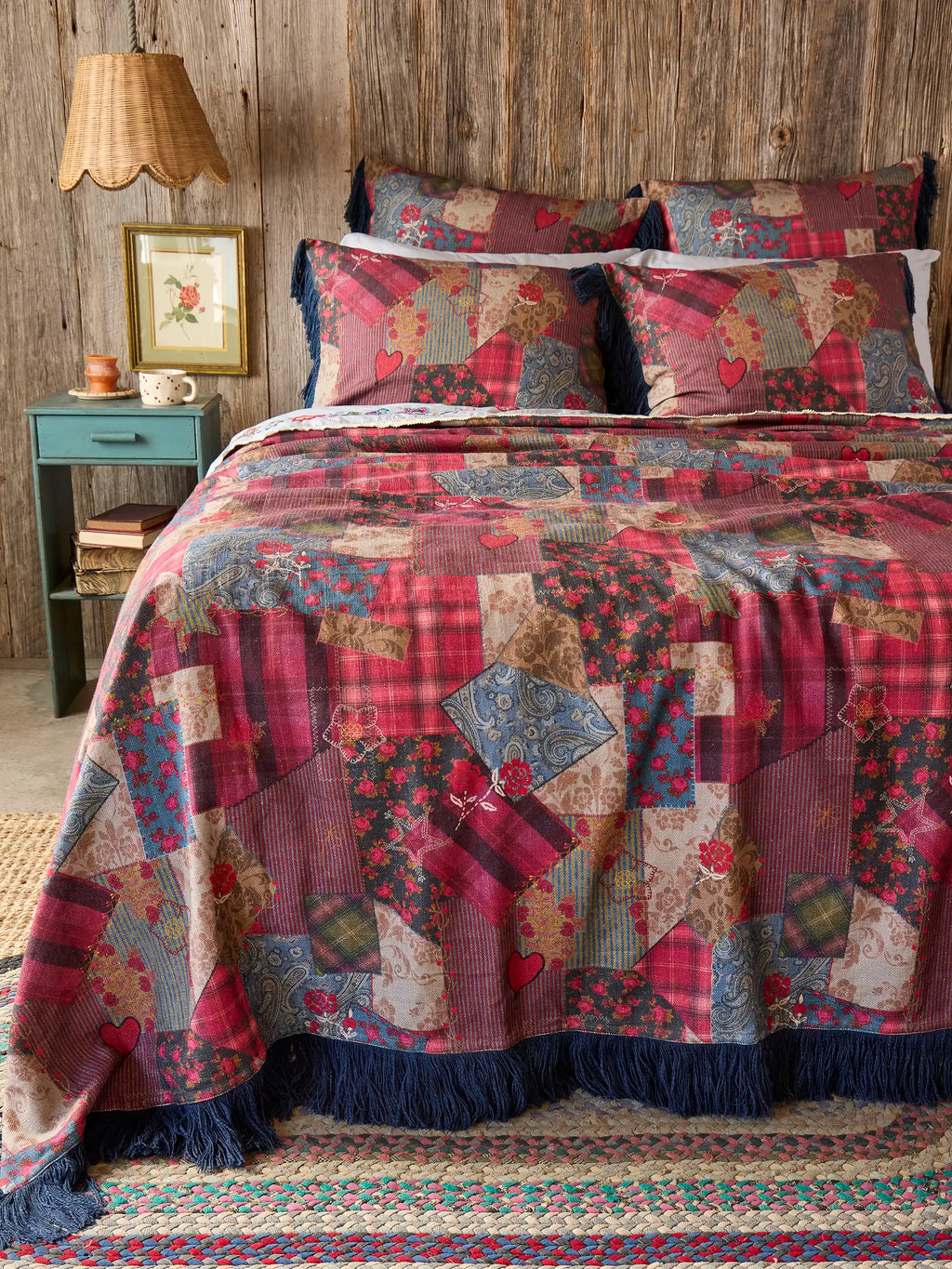 Boho Fringe Bedspread - Aspen Patchwork Burgundy