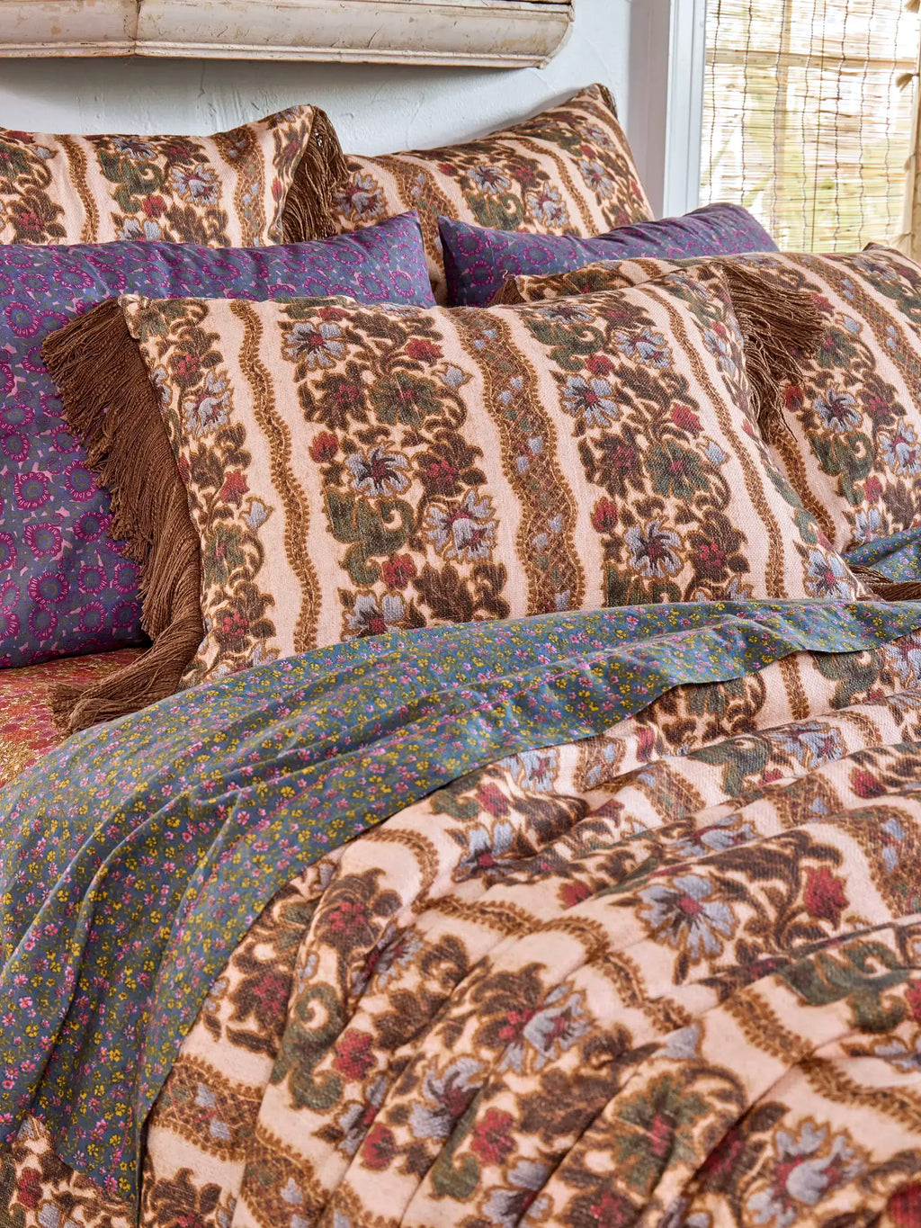 Boho Fringe Shams, Set of 2 - Brocade Tapestry Cream