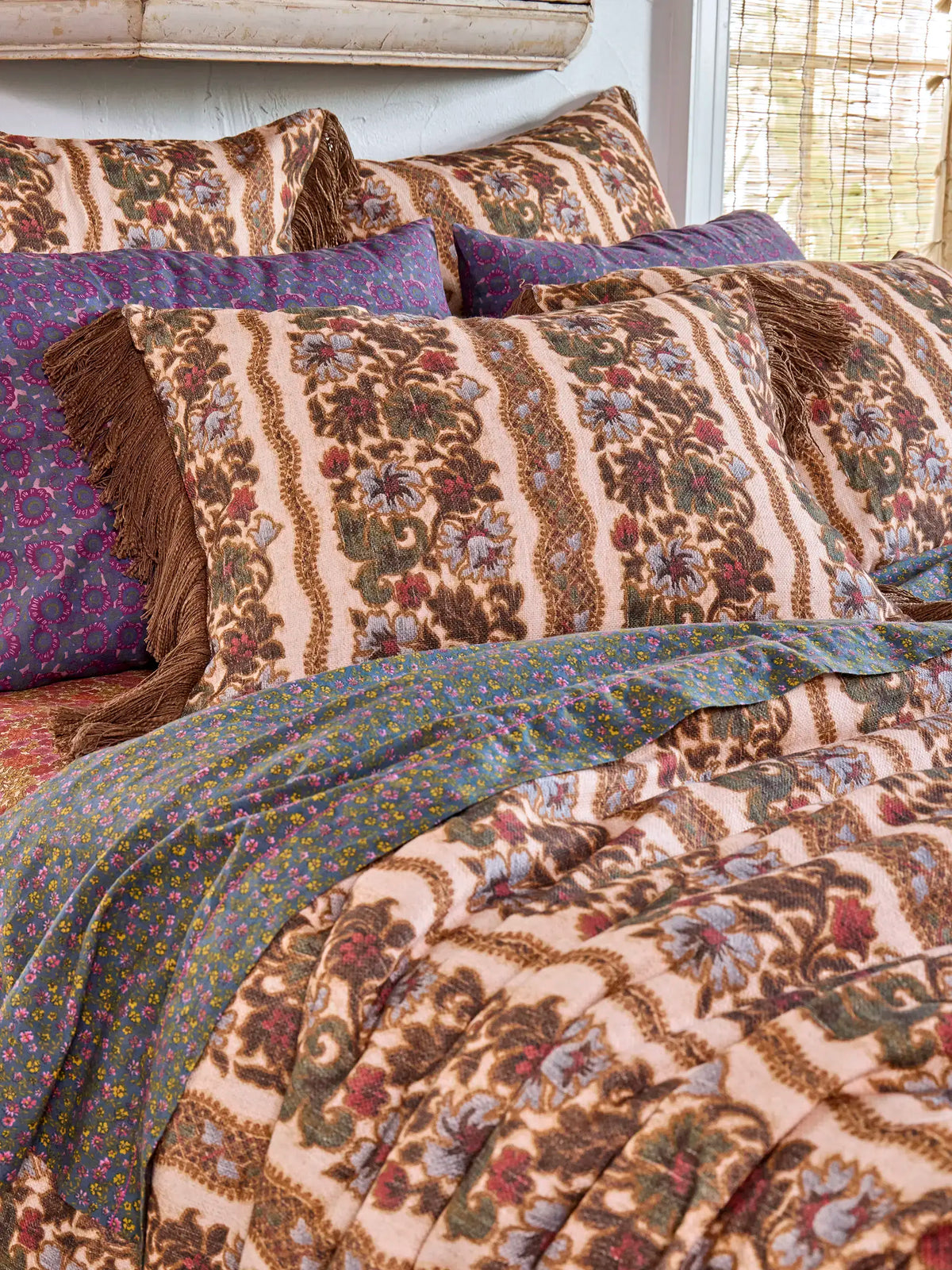 Boho Fringe Shams, Set of 2 - Brocade Tapestry Cream