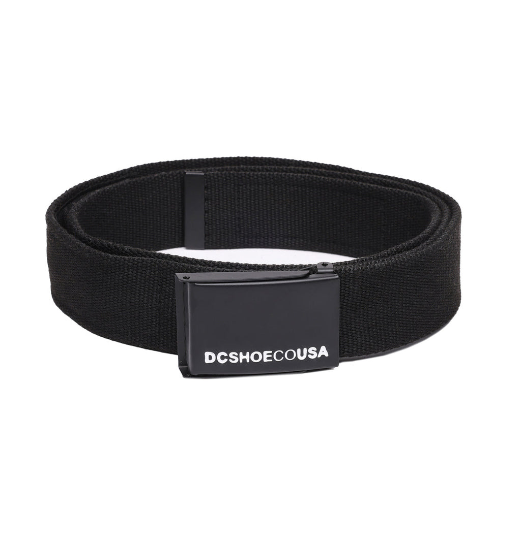 The DC Stash Web Belt by DC Shoes is a black fabric belt with a rectangular black buckle that has “DCSHOECOUSA” printed in white on the front, and it features an adjustable web design for a comfortable fit.