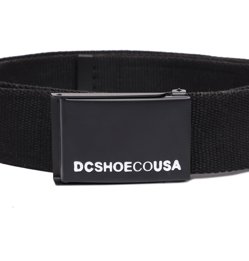 The DC Shoes DC Stash Web Belt is a black adjustable web belt featuring a black metal buckle with “DCSHOECOUSA” printed in white across the front. It also includes a convenient zipper stash pocket for secure storage of small essentials.