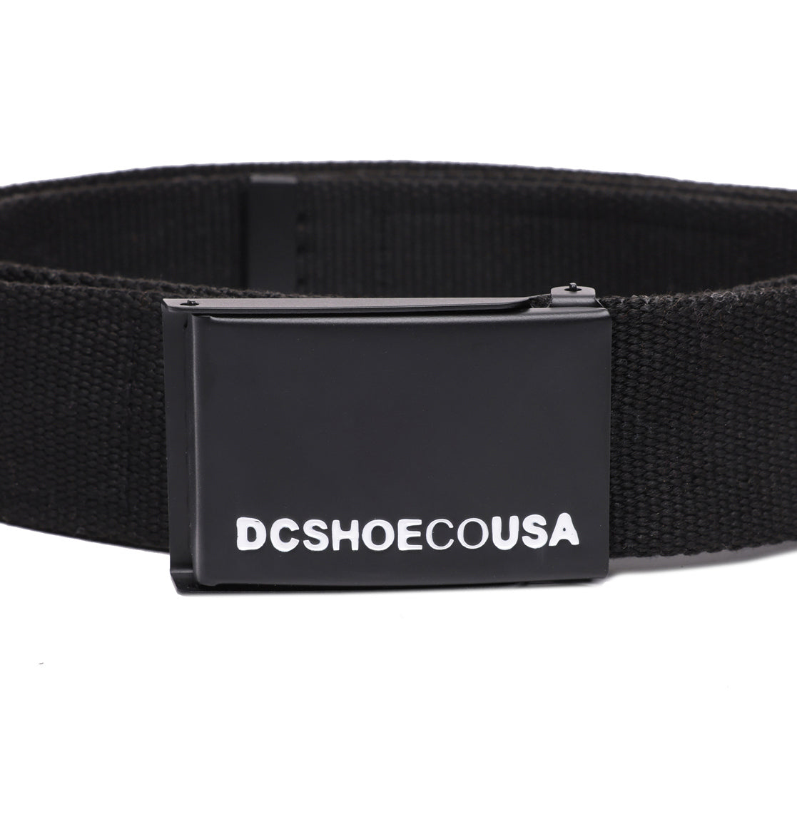 The DC Shoes DC Stash Web Belt is a black adjustable web belt featuring a black metal buckle with “DCSHOECOUSA” printed in white across the front. It also includes a convenient zipper stash pocket for secure storage of small essentials.