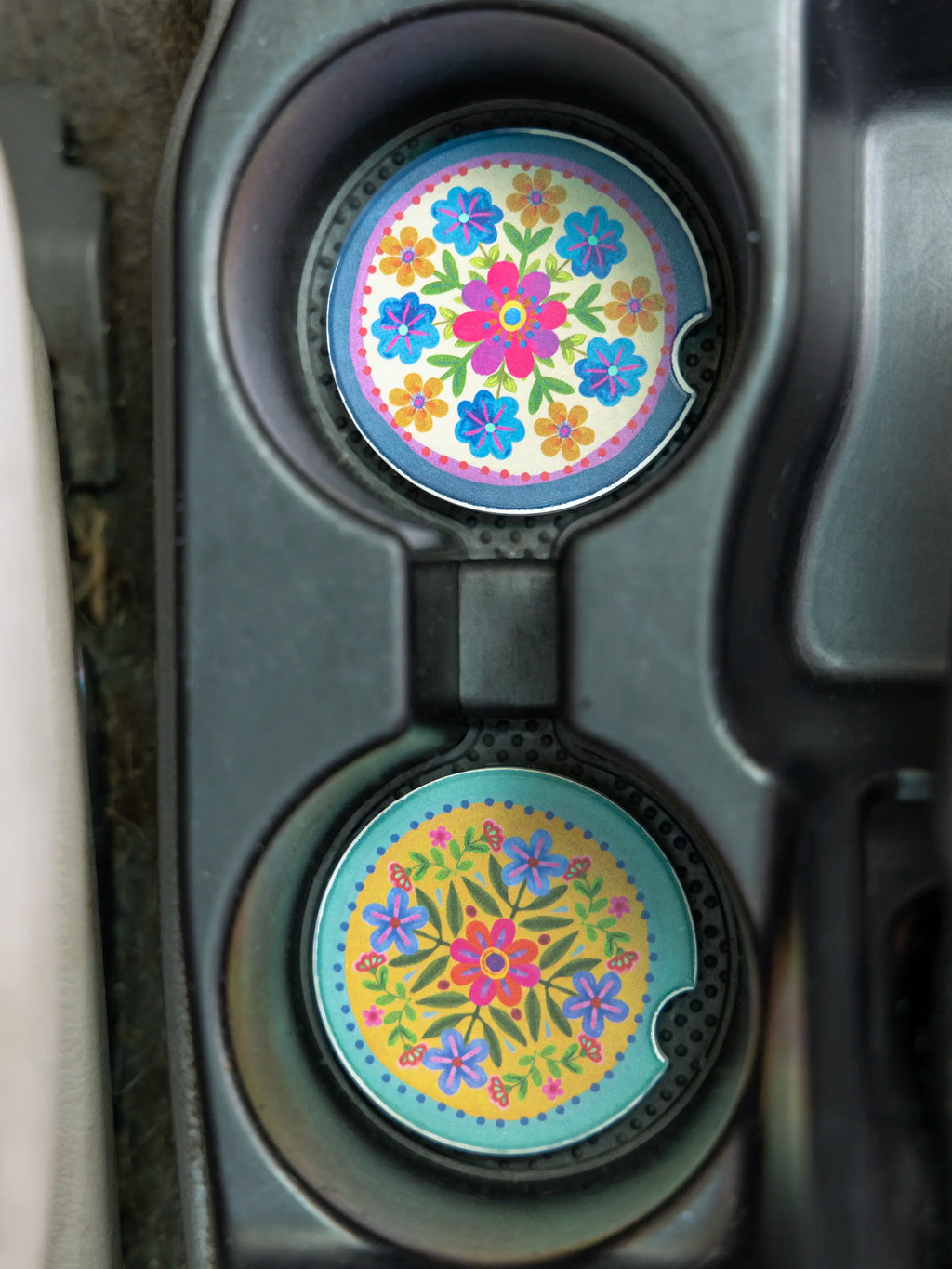 Car Coasters, Set of 2 - Mustard Folk Flower