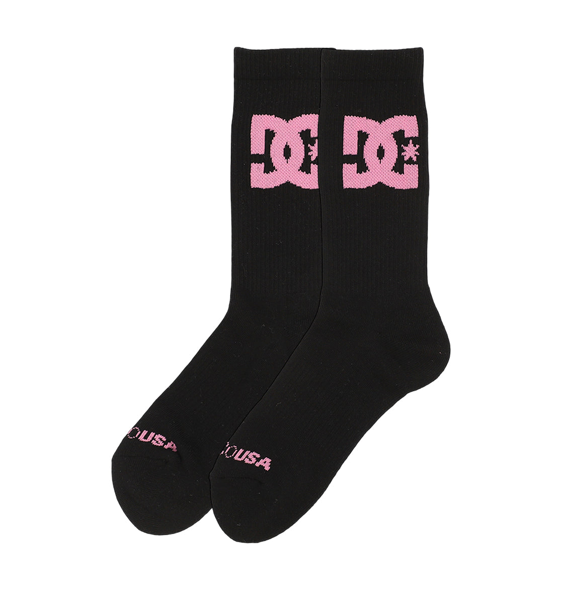 The DC Shoes Big Star Logo Crew Socks 3-Pack features black crew socks with a bold pink DC logo on the cuffs and "USA" in pink by the toes.