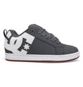A gray and white men’s skate shoe from DC Shoes’ Court Graffik line, featuring a prominent white DC logo on the side, gray laces, and a white sole with a red-brown bottom.