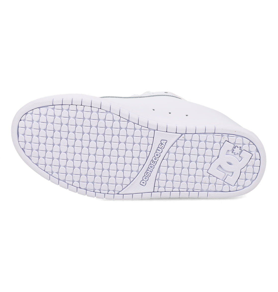 The bottom view of the Men’s Court Graffik Shoes by DC Shoes showcases a white sneaker with a textured sole, highlighted by the embossed DC Shoes logo and DCSHOECOUSA text on the outsole. This iconic footwear captures the spirit of chunky skate shoes, delivering both performance and unmistakable streetwear style.