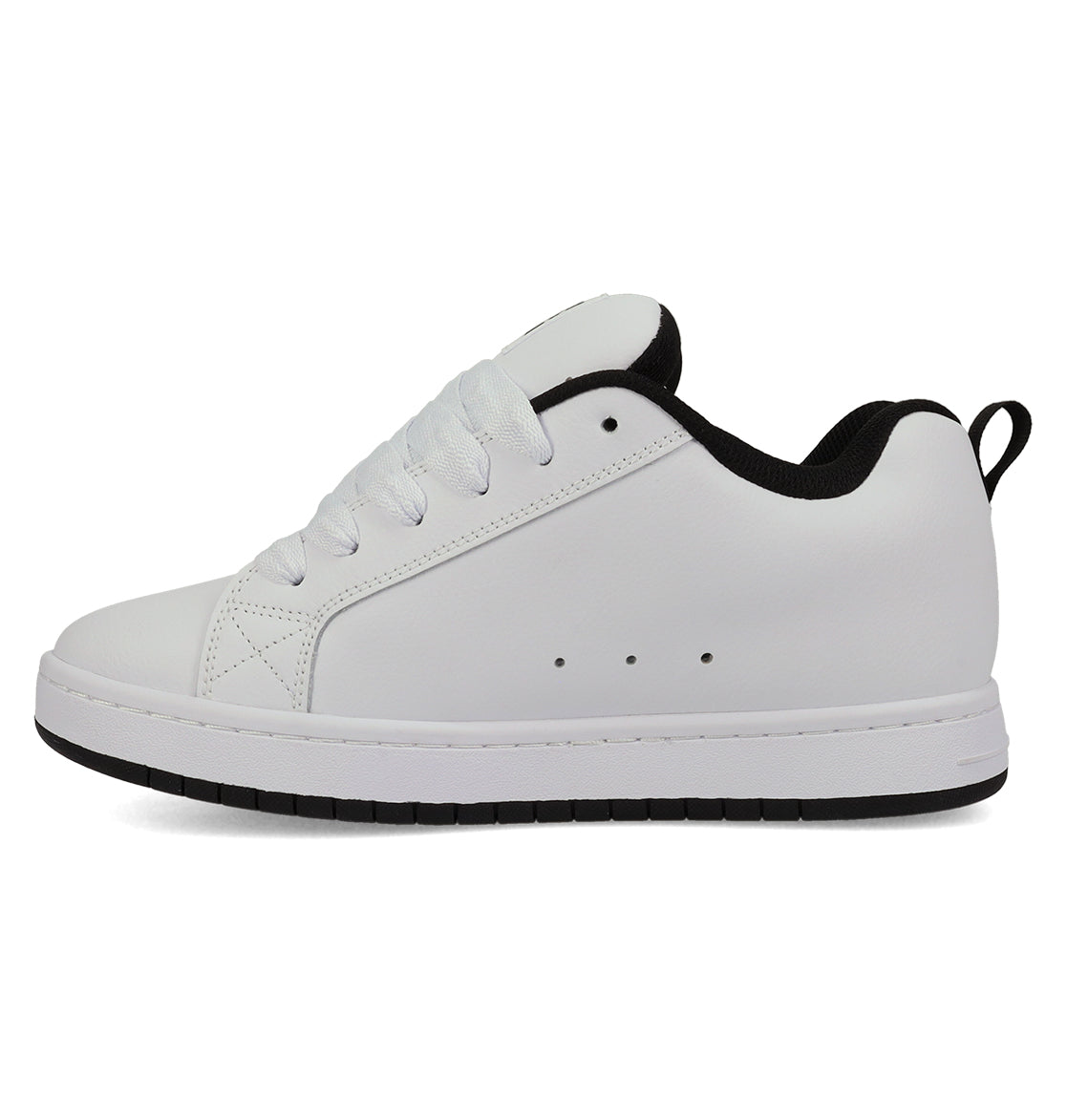 The Men's Court Graffik Shoes by DC Shoes are white low-top sneakers with white laces, a black inner lining, and a black heel pull tab. Their puffy silhouette is inspired by the classic Court Graffik style, shown from the side against a white background.