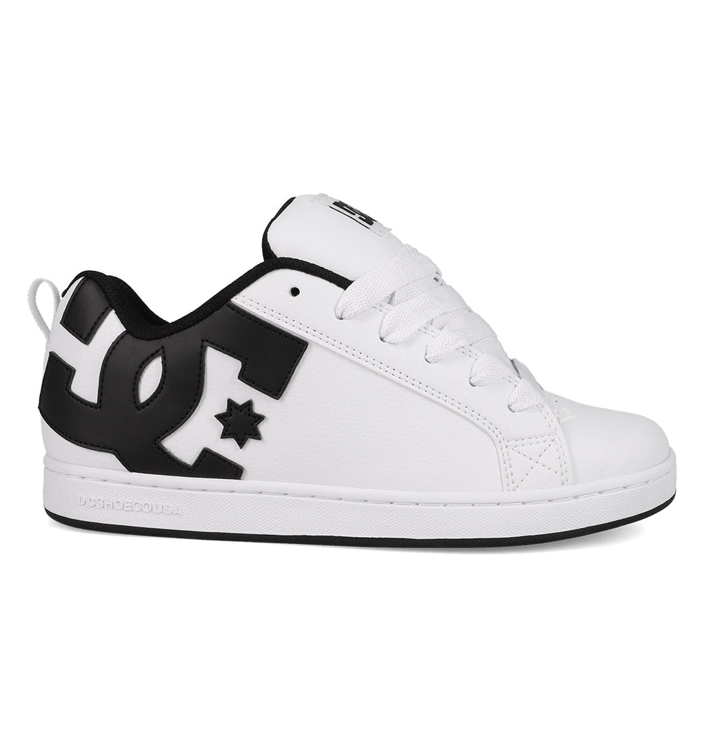 Set against a plain white background, the Women’s Court Graffik Shoes by DC Shoes feature a white and black colorway, prominent black DC branding on the side, white laces, and a low-top silhouette—channeling chunky ’90s style for fans of bold women’s sneakers.