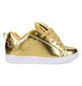 Introducing the Women’s Court Graffik Shoes by DC Shoes: these sneakers feature a shiny gold finish with matching gold laces and a crisp white sole. Accented with eye-catching star and bear motifs on the sides, they draw inspiration from chunky ‘90s style. Shown here against a plain white background.