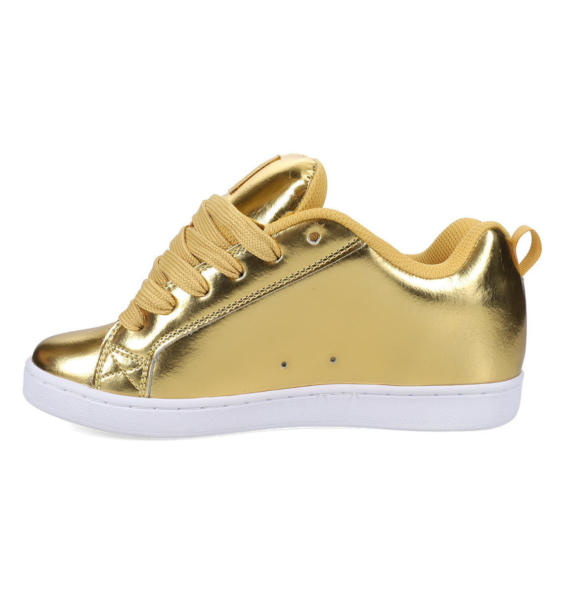 A shiny gold women’s sneaker from DC Shoes, the Women’s Court Graffik, features gold laces and a white sole. Shown in a left side view against a white background, it embodies the bold, chunky ’90s style of the Court Graffik collection.